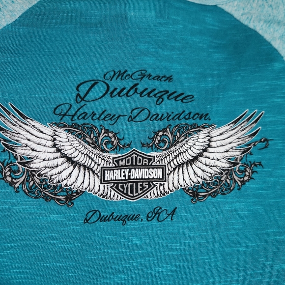Harley-Davidson Motorcycle Teal Blue Bling Rhinestone Baseball Tee Women's Small - Picture 10 of 10
